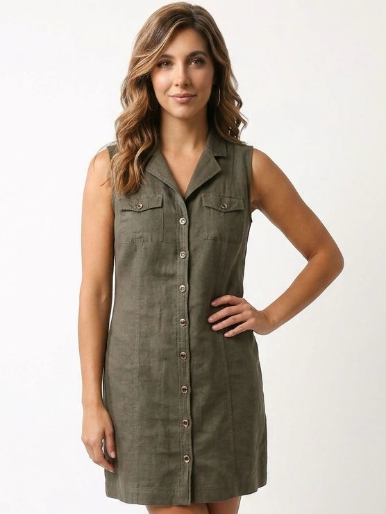 Banana Republic Lined Olive Green Sleeveless Button Down Casual Shirt Dress-14
